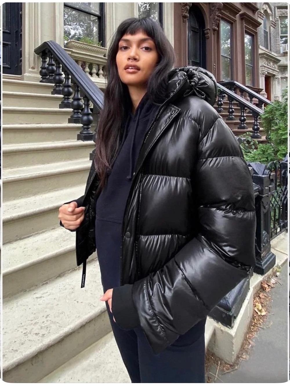 Aritzia TNA The Super Puff Hi-Gloss Black Down Puffer Jacket Hooded Large
